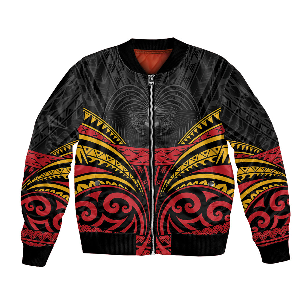 Custom Papua New Guinea Cricket Bomber Jacket PNG Emblem Mix Polyneisan Pattern LT9 Unisex Black - Polynesian Pride