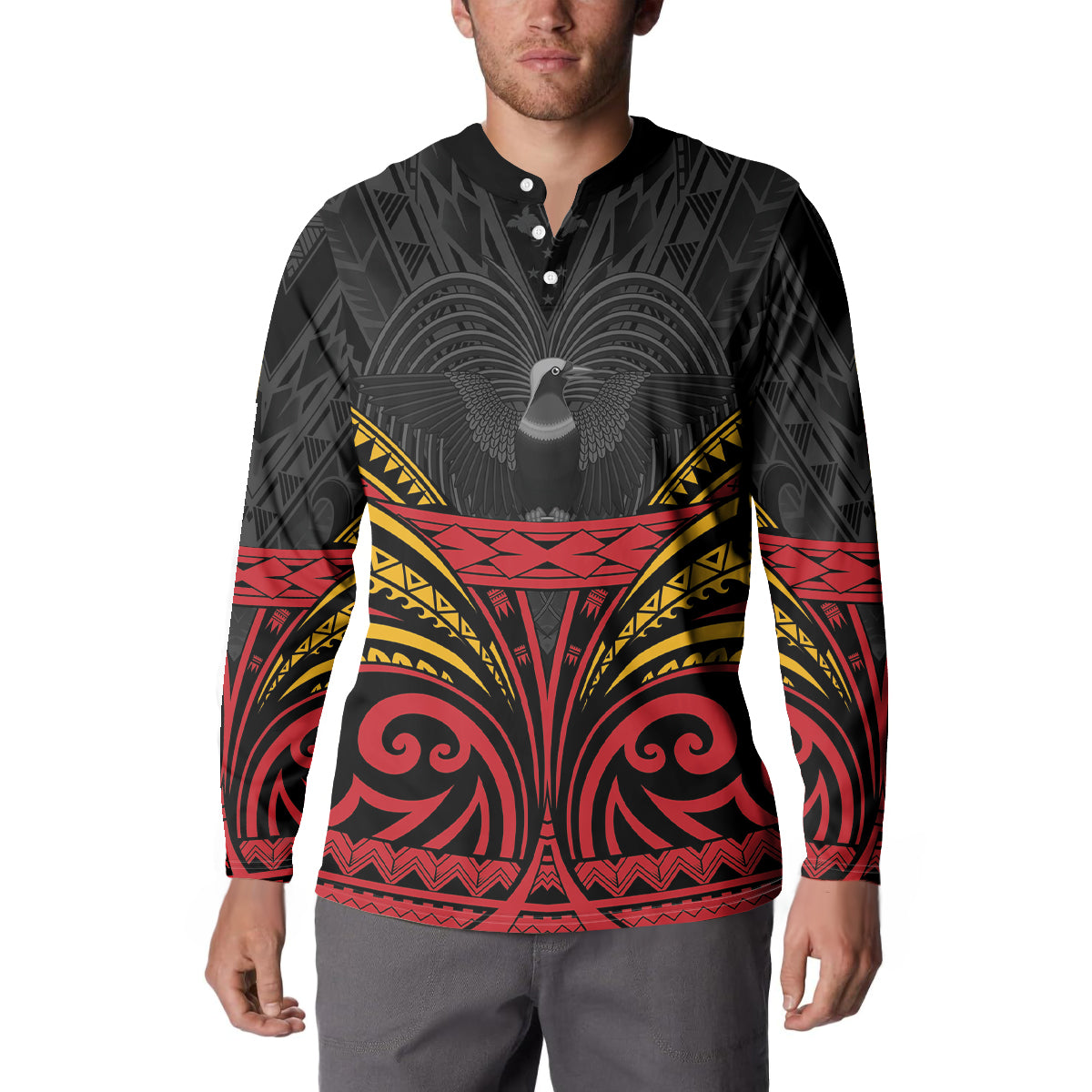 Custom Papua New Guinea Cricket Button Sweatshirt PNG Emblem Mix Polyneisan Pattern LT9 - Polynesian Pride