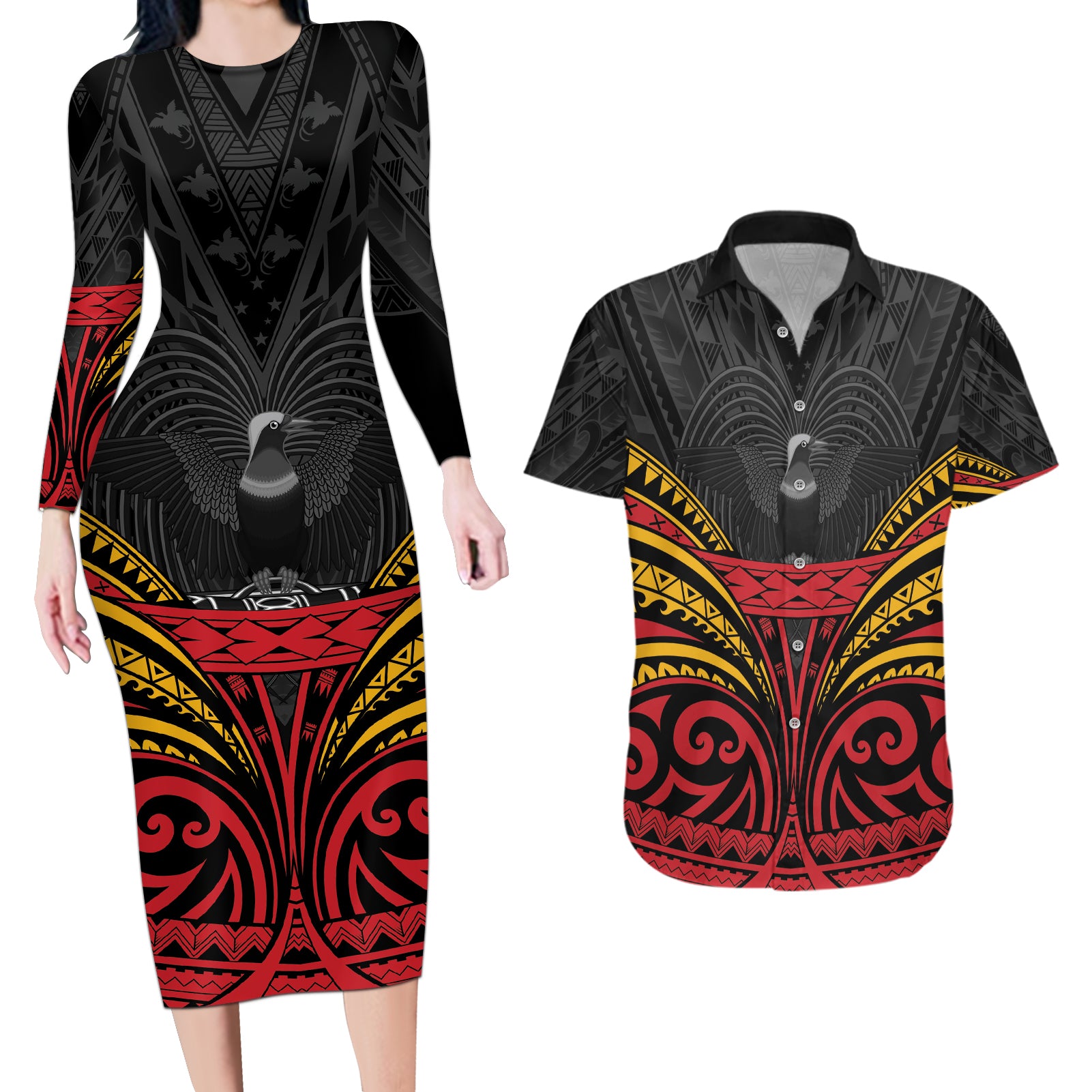 Custom Papua New Guinea Cricket Couples Matching Long Sleeve Bodycon Dress and Hawaiian Shirt PNG Emblem Mix Polyneisan Pattern