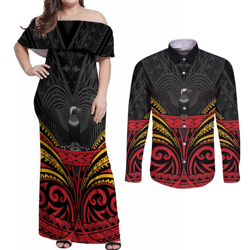 Custom Papua New Guinea Cricket Couples Matching Off Shoulder Maxi Dress and Long Sleeve Button Shirt PNG Emblem Mix Polyneisan Pattern LT9 Black - Polynesian Pride
