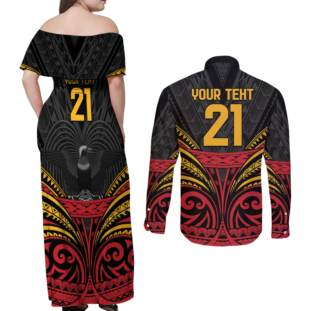 Custom Papua New Guinea Cricket Couples Matching Off Shoulder Maxi Dress and Long Sleeve Button Shirt PNG Emblem Mix Polyneisan Pattern LT9 - Polynesian Pride