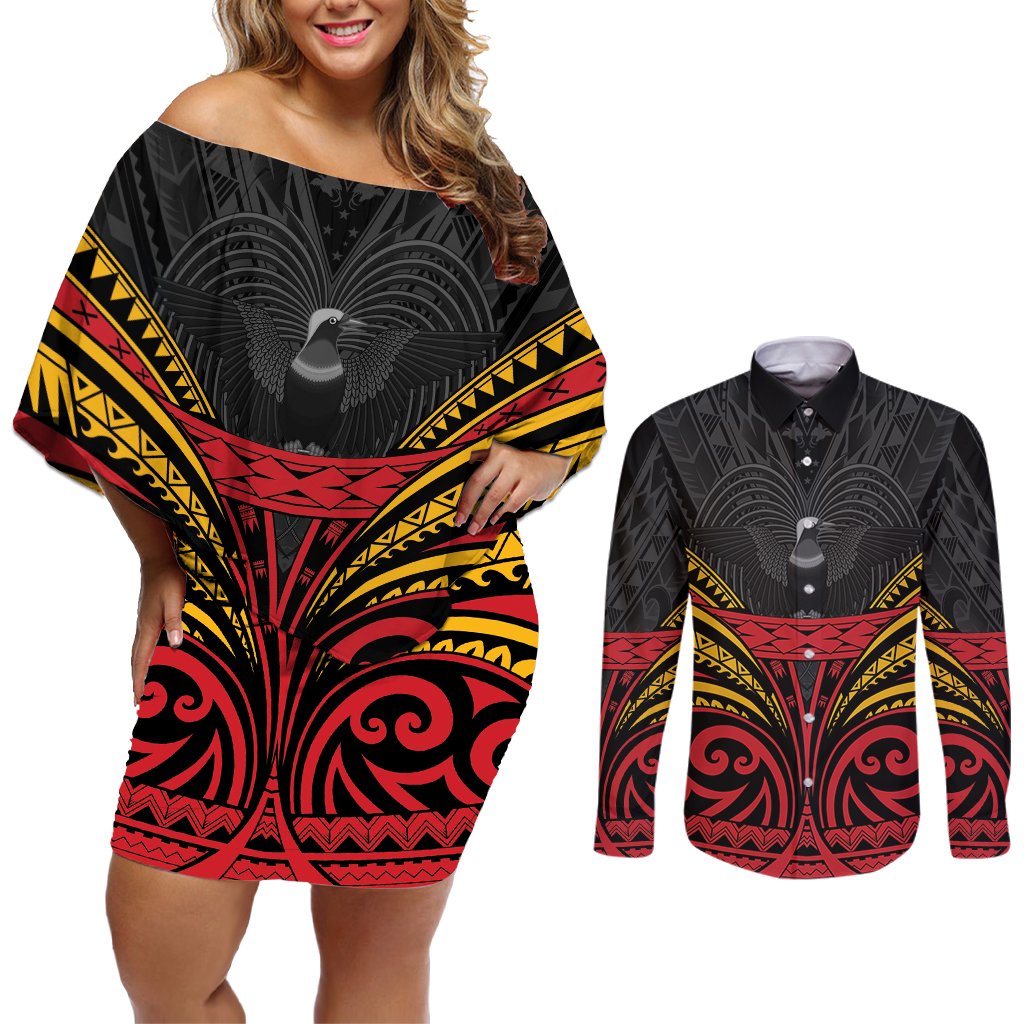 Custom Papua New Guinea Cricket Couples Matching Off Shoulder Short Dress and Long Sleeve Button Shirt PNG Emblem Mix Polyneisan Pattern LT9 Black - Polynesian Pride