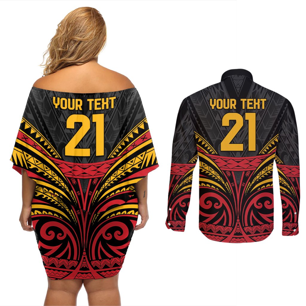 Custom Papua New Guinea Cricket Couples Matching Off Shoulder Short Dress and Long Sleeve Button Shirt PNG Emblem Mix Polyneisan Pattern LT9 - Polynesian Pride