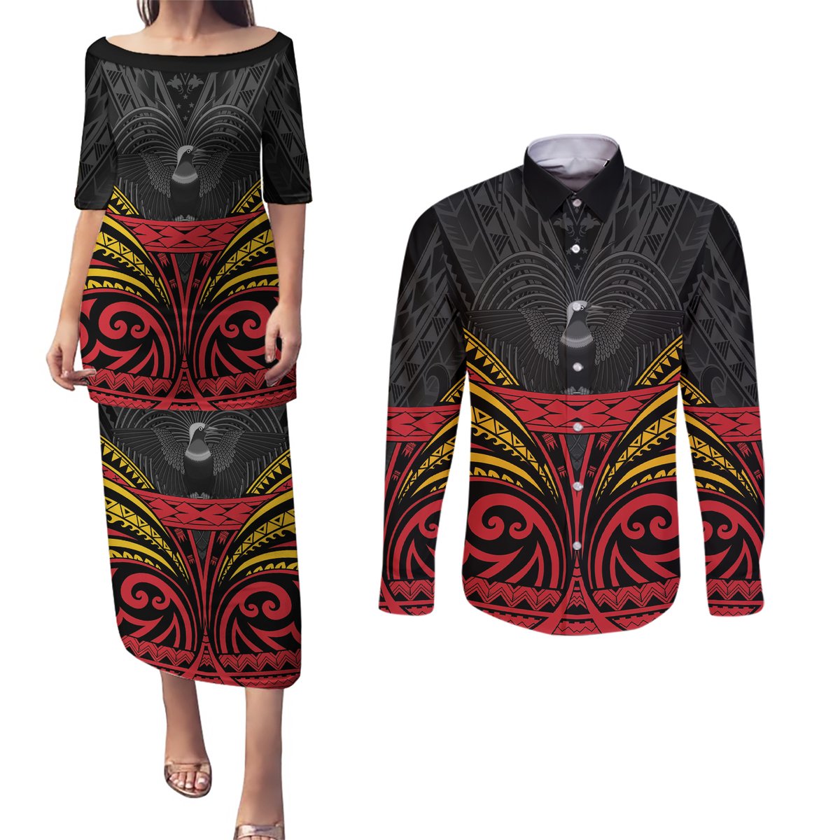 Custom Papua New Guinea Cricket Couples Matching Puletasi and Long Sleeve Button Shirt PNG Emblem Mix Polyneisan Pattern LT9 Black - Polynesian Pride