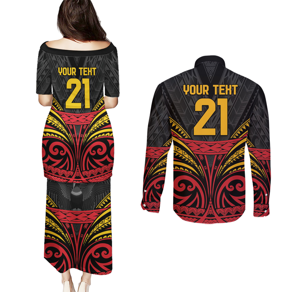 Custom Papua New Guinea Cricket Couples Matching Puletasi and Long Sleeve Button Shirt PNG Emblem Mix Polyneisan Pattern LT9 - Polynesian Pride