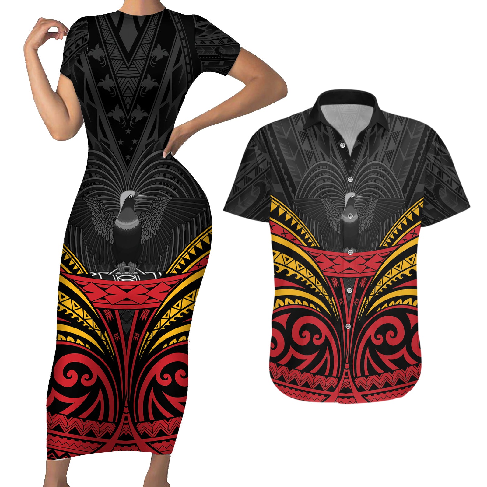 Custom Papua New Guinea Cricket Couples Matching Short Sleeve Bodycon Dress and Hawaiian Shirt PNG Emblem Mix Polyneisan Pattern LT9 Black - Polynesian Pride