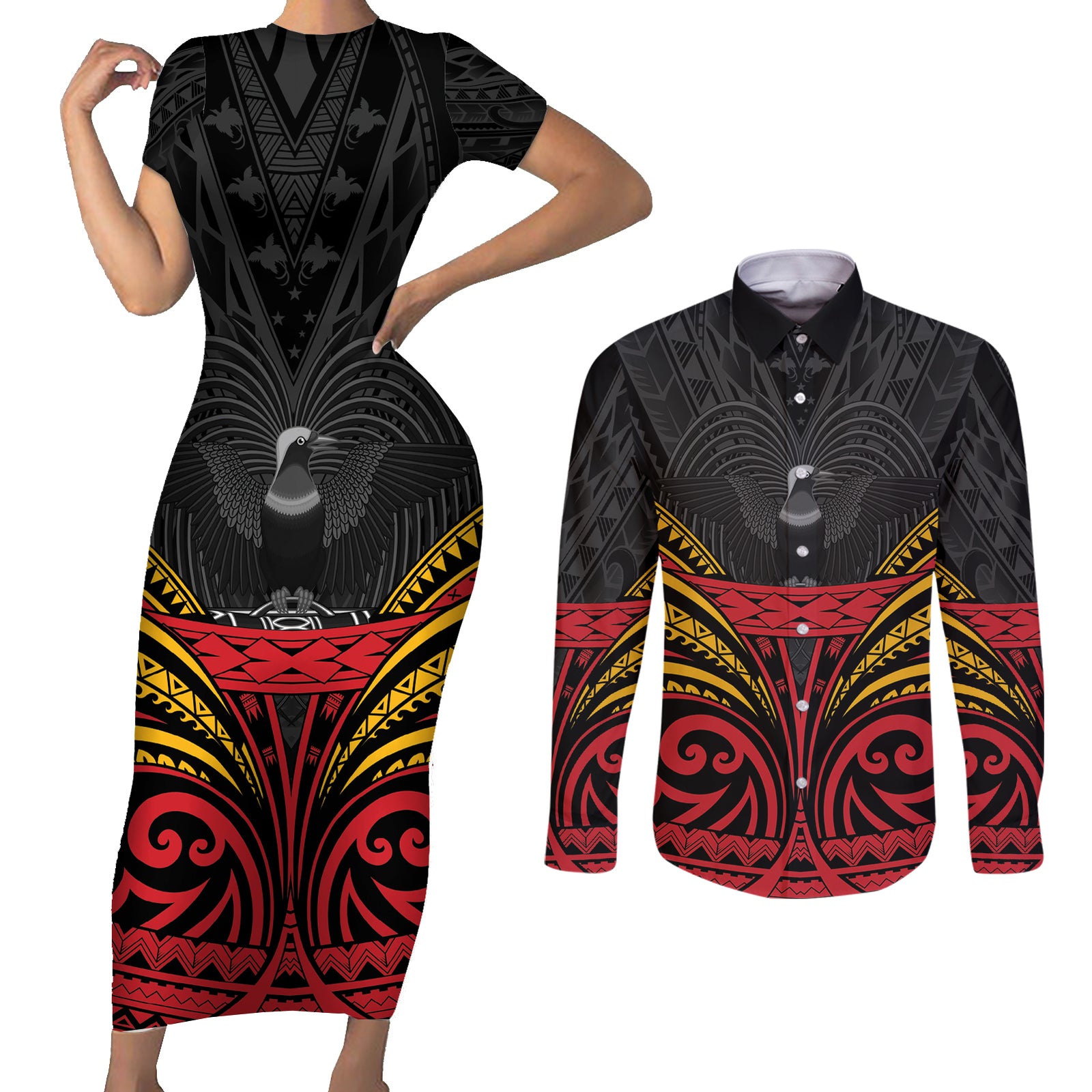 Custom Papua New Guinea Cricket Couples Matching Short Sleeve Bodycon Dress and Long Sleeve Button Shirt PNG Emblem Mix Polyneisan Pattern LT9 Black - Polynesian Pride