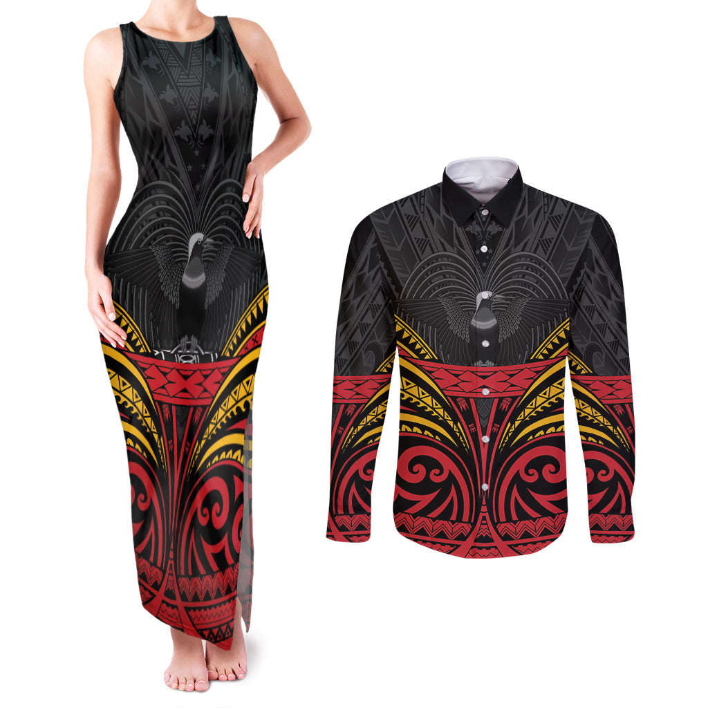 Custom Papua New Guinea Cricket Couples Matching Tank Maxi Dress and Long Sleeve Button Shirt PNG Emblem Mix Polyneisan Pattern LT9 Black - Polynesian Pride