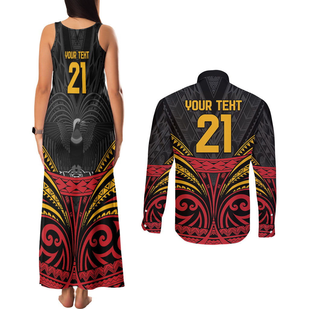 Custom Papua New Guinea Cricket Couples Matching Tank Maxi Dress and Long Sleeve Button Shirt PNG Emblem Mix Polyneisan Pattern LT9 - Polynesian Pride