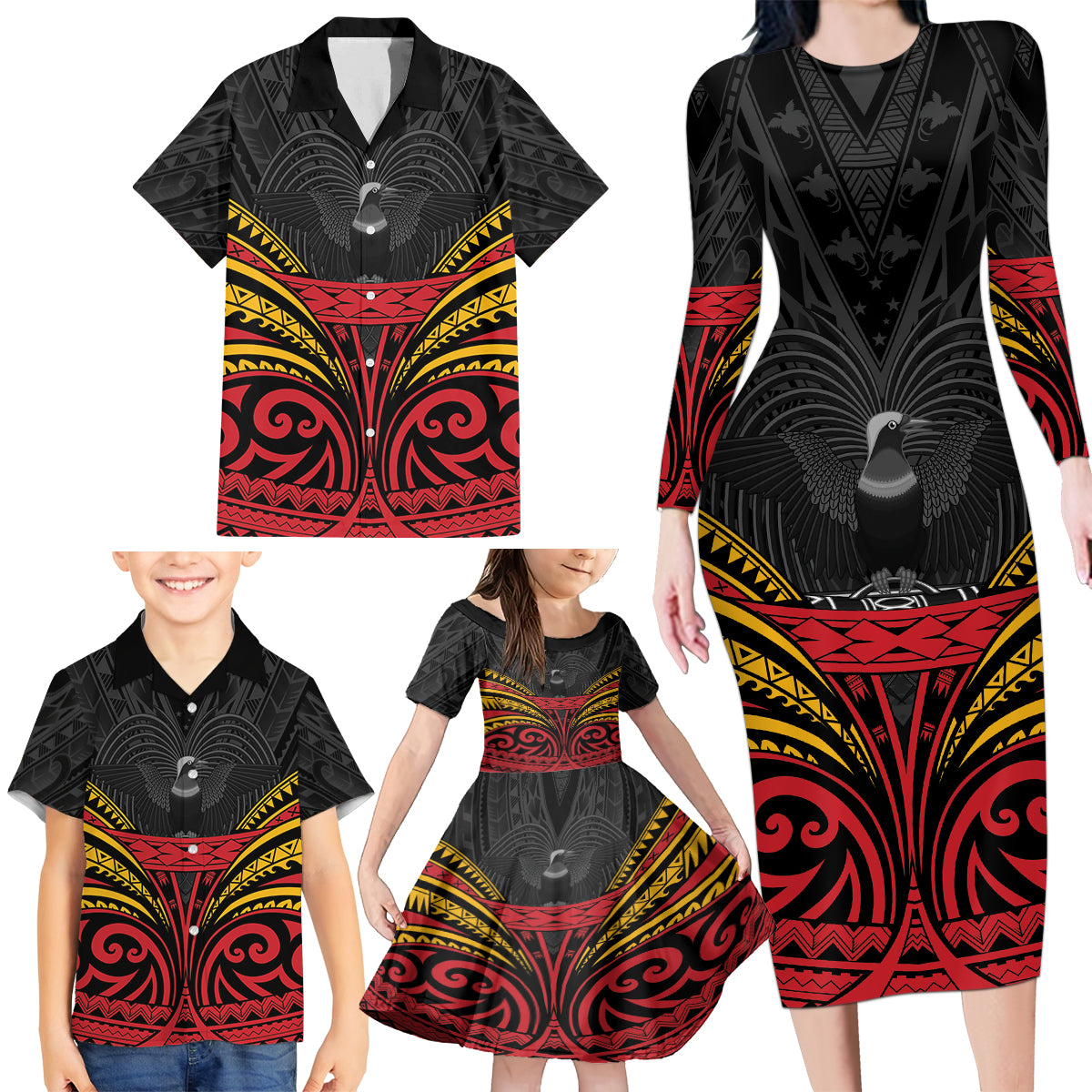 Custom Papua New Guinea Cricket Family Matching Long Sleeve Bodycon Dress and Hawaiian Shirt PNG Emblem Mix Polyneisan Pattern