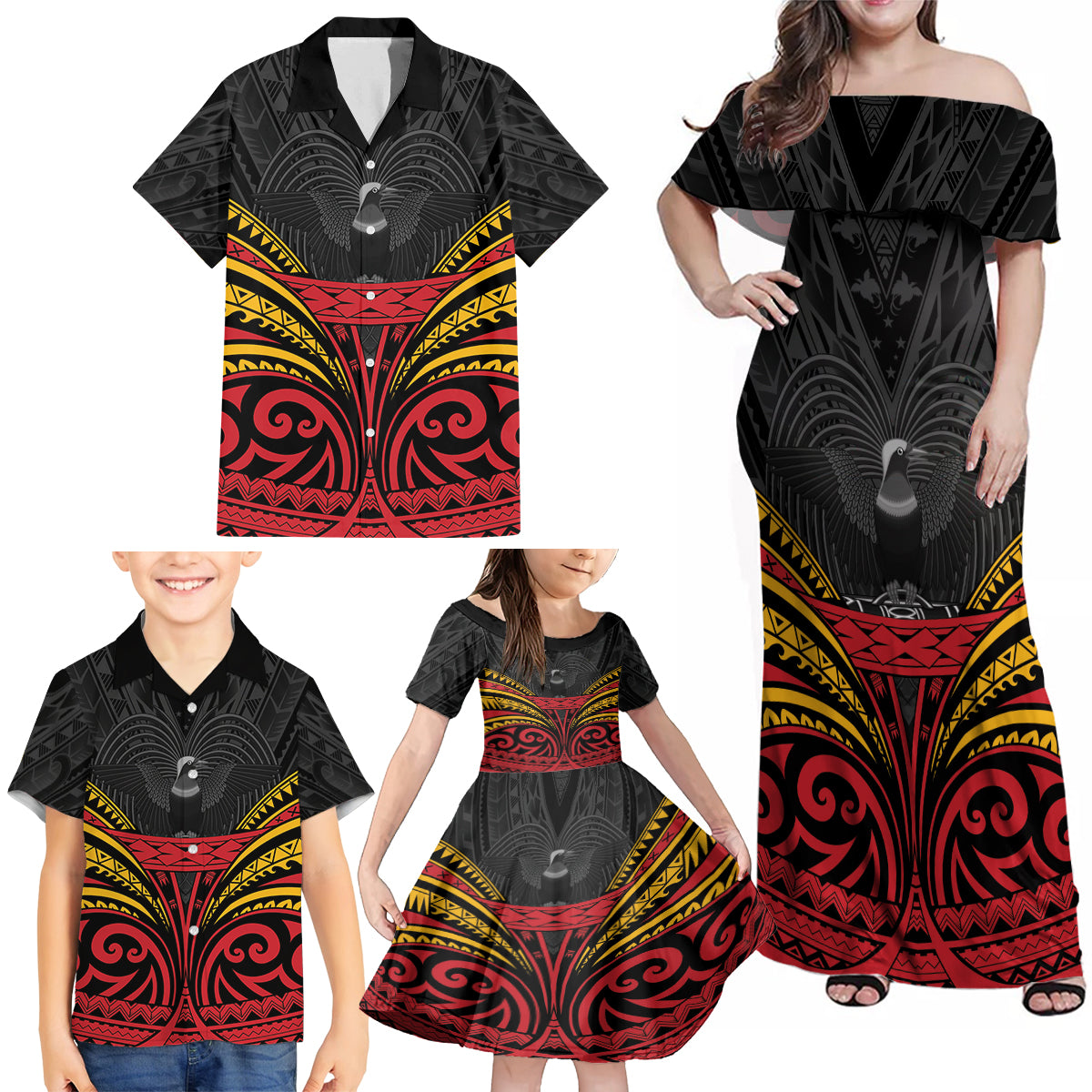 Custom Papua New Guinea Cricket Family Matching Off Shoulder Maxi Dress and Hawaiian Shirt PNG Emblem Mix Polyneisan Pattern