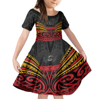 Custom Papua New Guinea Cricket Family Matching Short Sleeve Bodycon Dress and Hawaiian Shirt PNG Emblem Mix Polyneisan Pattern LT9 Daughter's Dress Black - Polynesian Pride