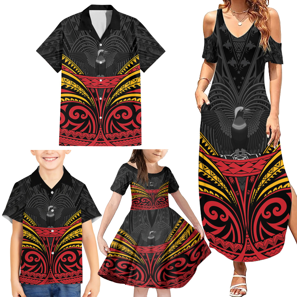 Custom Papua New Guinea Cricket Family Matching Summer Maxi Dress and Hawaiian Shirt PNG Emblem Mix Polyneisan Pattern