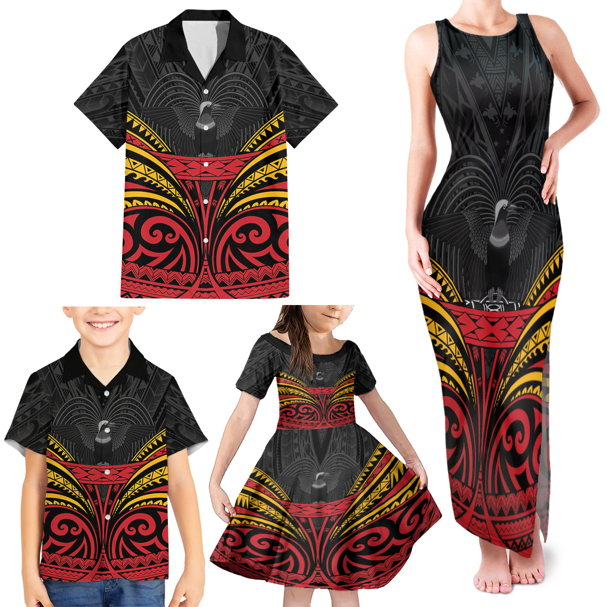 Custom Papua New Guinea Cricket Family Matching Tank Maxi Dress and Hawaiian Shirt PNG Emblem Mix Polyneisan Pattern LT9 - Polynesian Pride