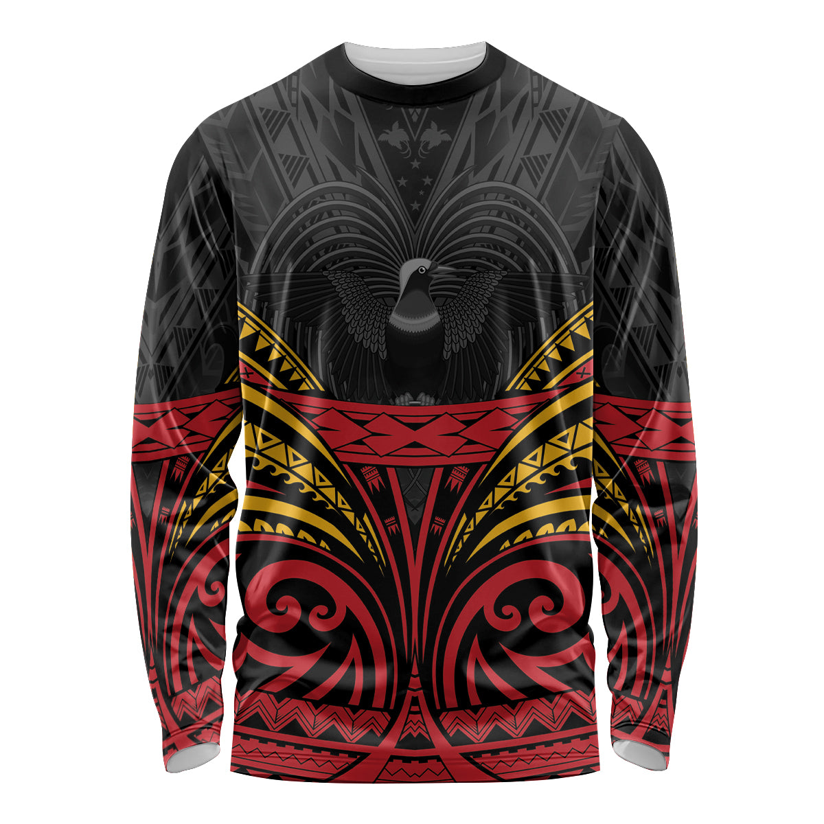 Custom Papua New Guinea Cricket Long Sleeve Shirt PNG Emblem Mix Polyneisan Pattern