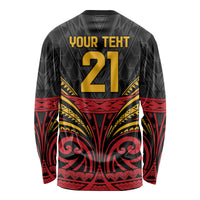 Custom Papua New Guinea Cricket Long Sleeve Shirt PNG Emblem Mix Polyneisan Pattern