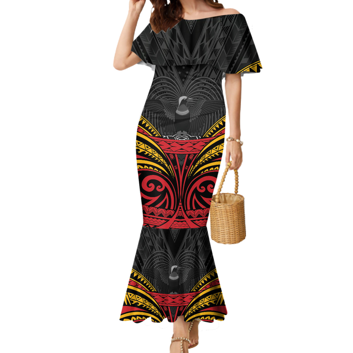 Custom Papua New Guinea Cricket Mermaid Dress PNG Emblem Mix Polyneisan Pattern