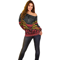 Custom Papua New Guinea Cricket Off Shoulder Sweater PNG Emblem Mix Polyneisan Pattern