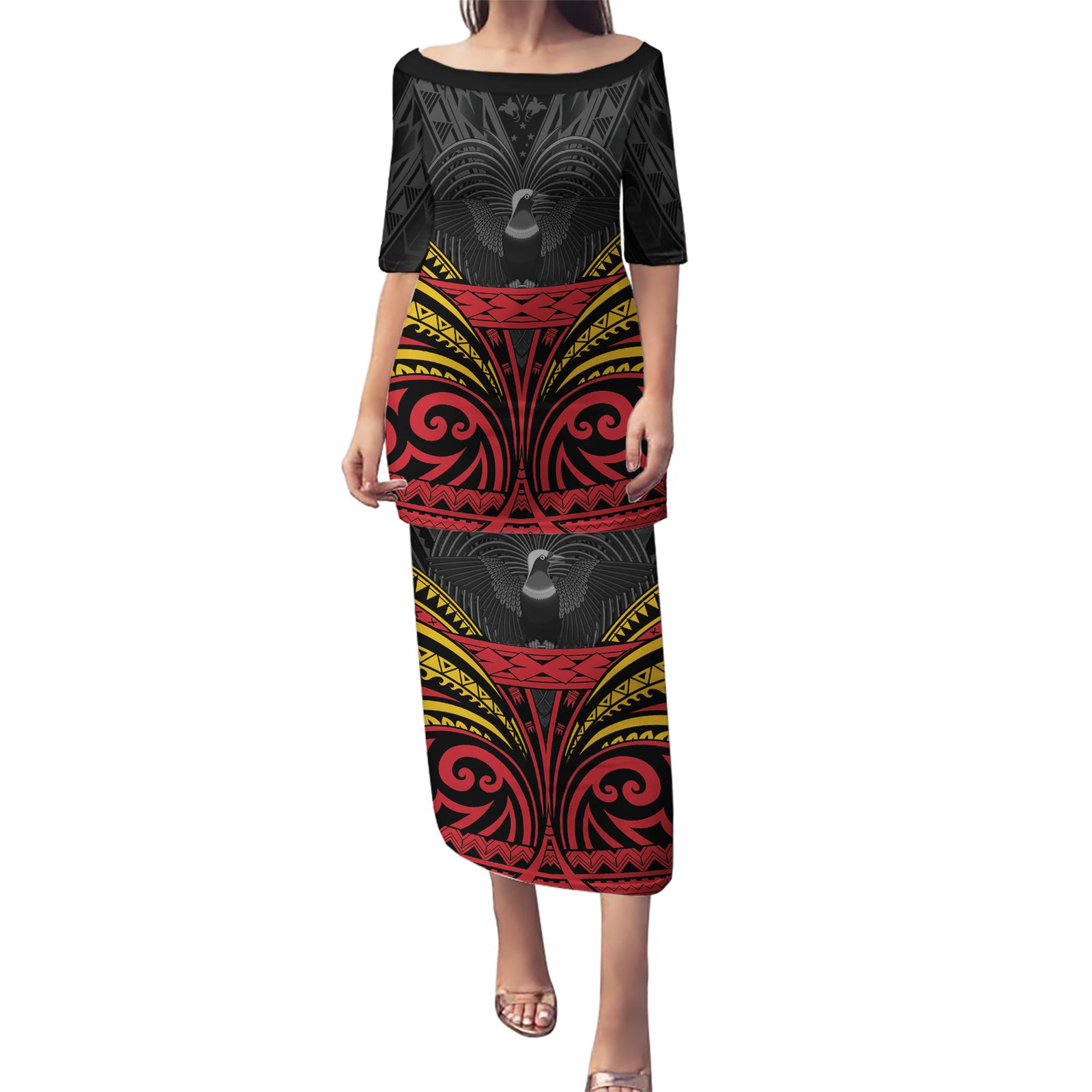 Custom Papua New Guinea Cricket Puletasi PNG Emblem Mix Polyneisan Pattern LT9 Long Dress Black - Polynesian Pride