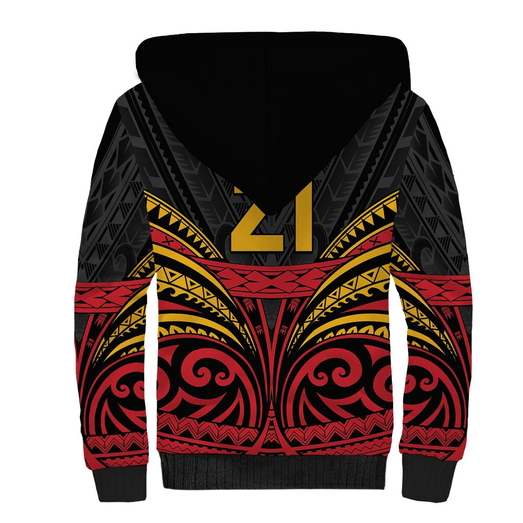 Custom Papua New Guinea Cricket Sherpa Hoodie PNG Emblem Mix Polyneisan Pattern LT9 - Polynesian Pride