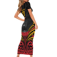 Custom Papua New Guinea Cricket Short Sleeve Bodycon Dress PNG Emblem Mix Polyneisan Pattern