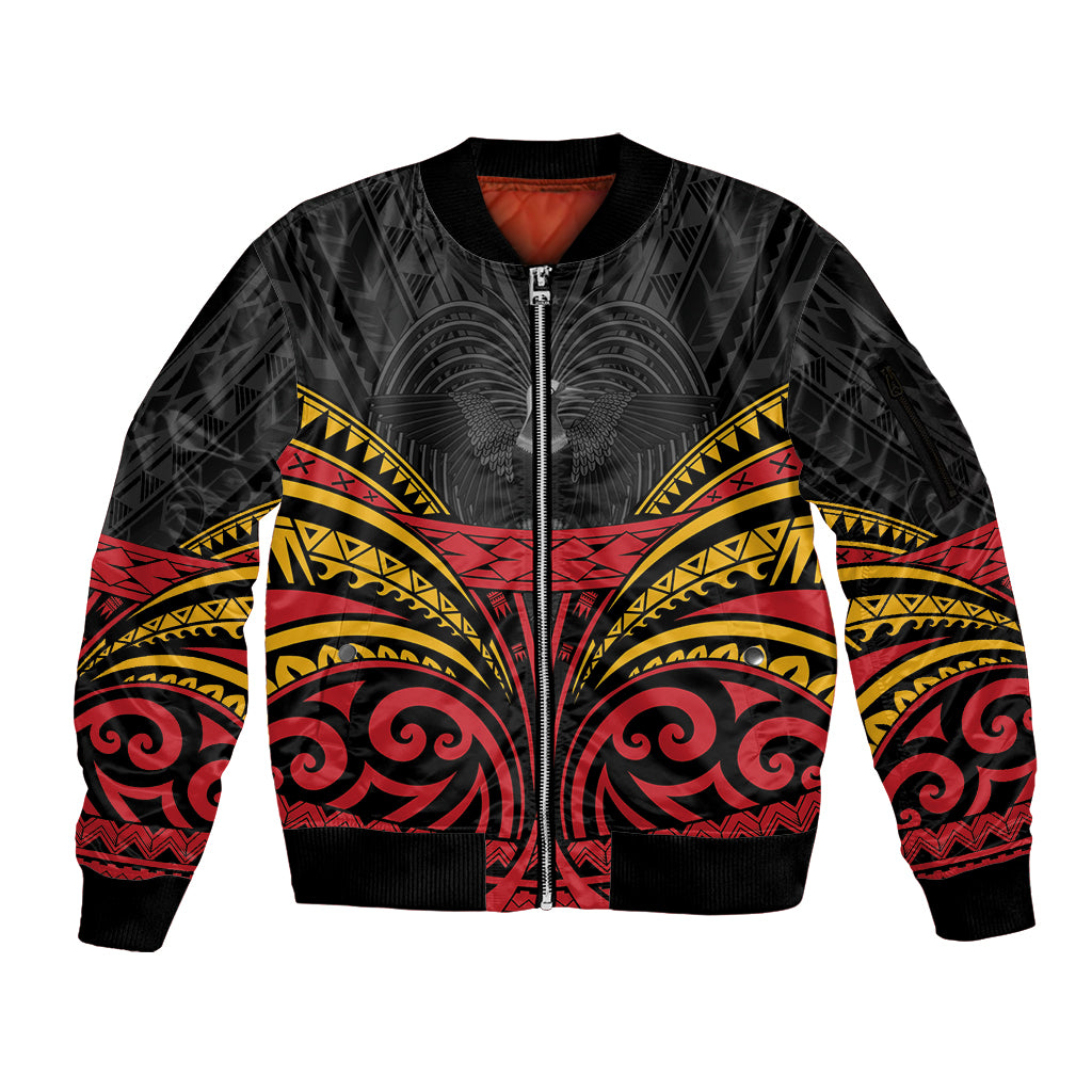 Custom Papua New Guinea Cricket Sleeve Zip Bomber Jacket PNG Emblem Mix Polyneisan Pattern LT9 Unisex Black - Polynesian Pride