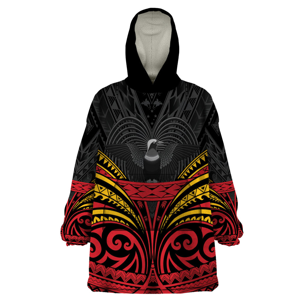 Custom Papua New Guinea Cricket Wearable Blanket Hoodie PNG Emblem Mix Polyneisan Pattern LT9 One Size Black - Polynesian Pride