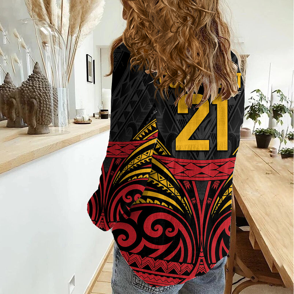 Custom Papua New Guinea Cricket Women Casual Shirt PNG Emblem Mix Polyneisan Pattern