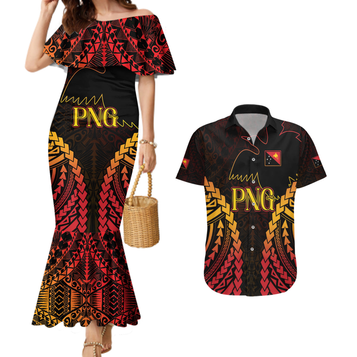 Custom Papua New Guinea Cricket Couples Matching Mermaid Dress and Hawaiian Shirt Go Barramundis