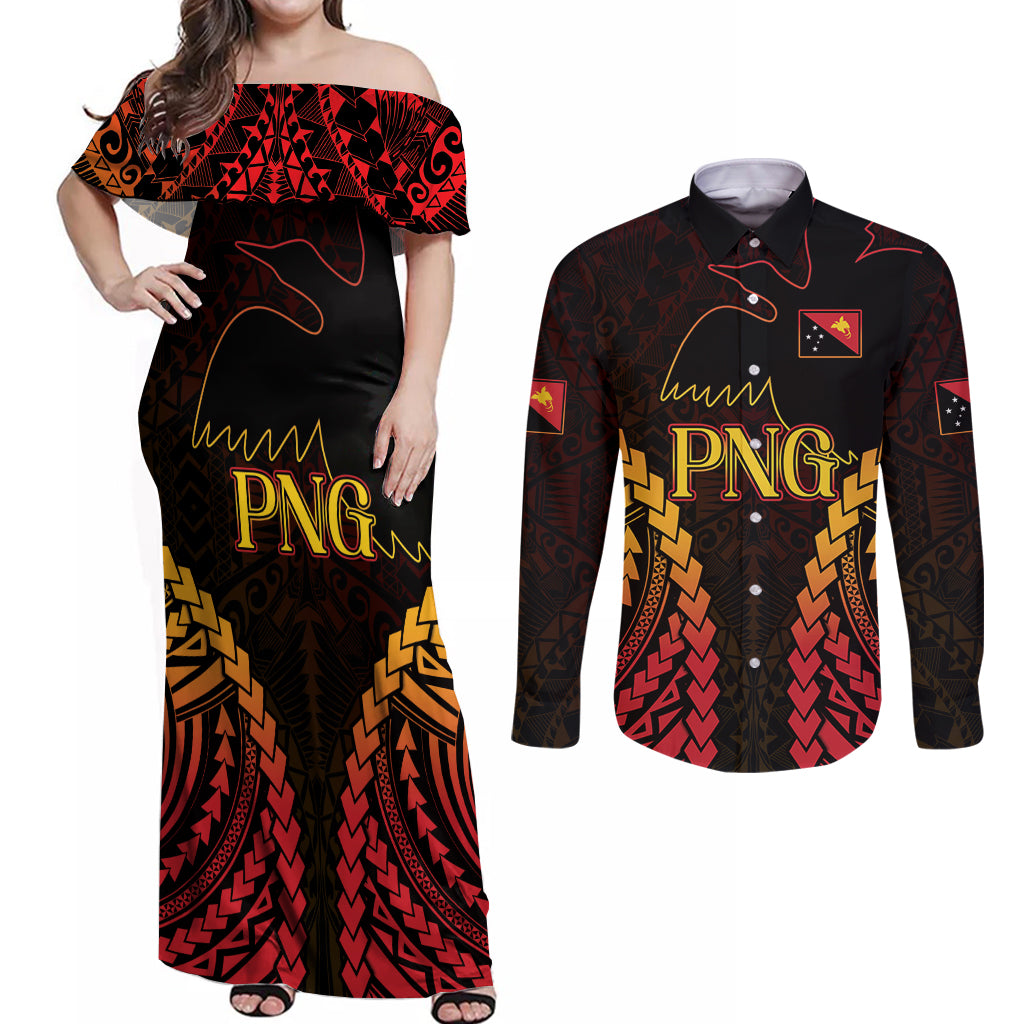 Custom Papua New Guinea Cricket Couples Matching Off Shoulder Maxi Dress and Long Sleeve Button Shirt Go Barramundis LT9 Black - Polynesian Pride