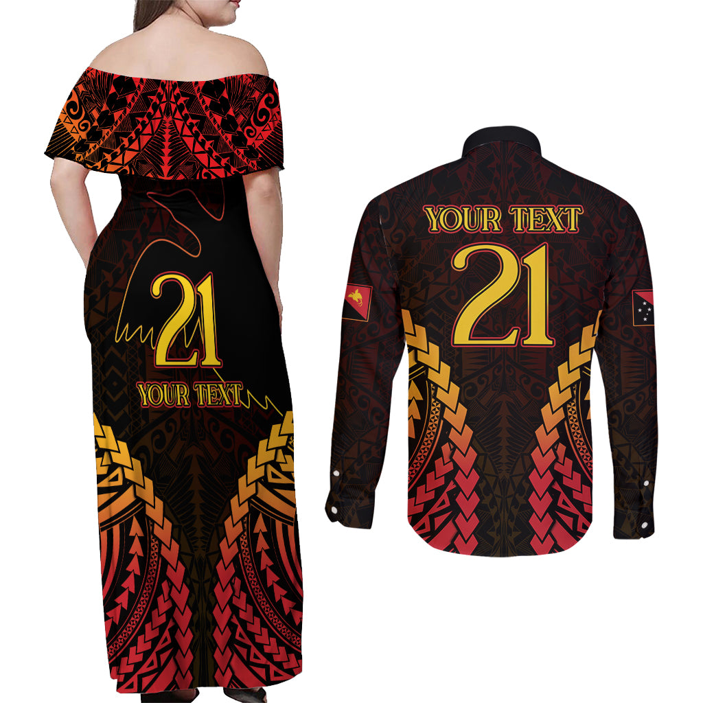 Custom Papua New Guinea Cricket Couples Matching Off Shoulder Maxi Dress and Long Sleeve Button Shirt Go Barramundis LT9 - Polynesian Pride