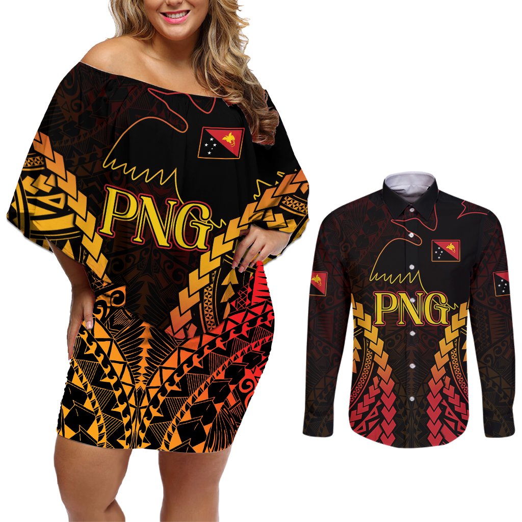 Custom Papua New Guinea Cricket Couples Matching Off Shoulder Short Dress and Long Sleeve Button Shirt Go Barramundis LT9 Black - Polynesian Pride