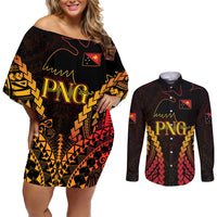 Custom Papua New Guinea Cricket Couples Matching Off Shoulder Short Dress and Long Sleeve Button Shirt Go Barramundis LT9 Black - Polynesian Pride