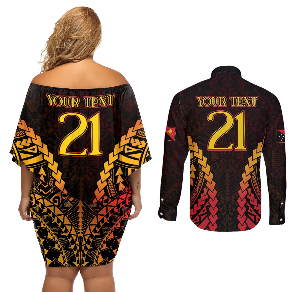 Custom Papua New Guinea Cricket Couples Matching Off Shoulder Short Dress and Long Sleeve Button Shirt Go Barramundis LT9 - Polynesian Pride