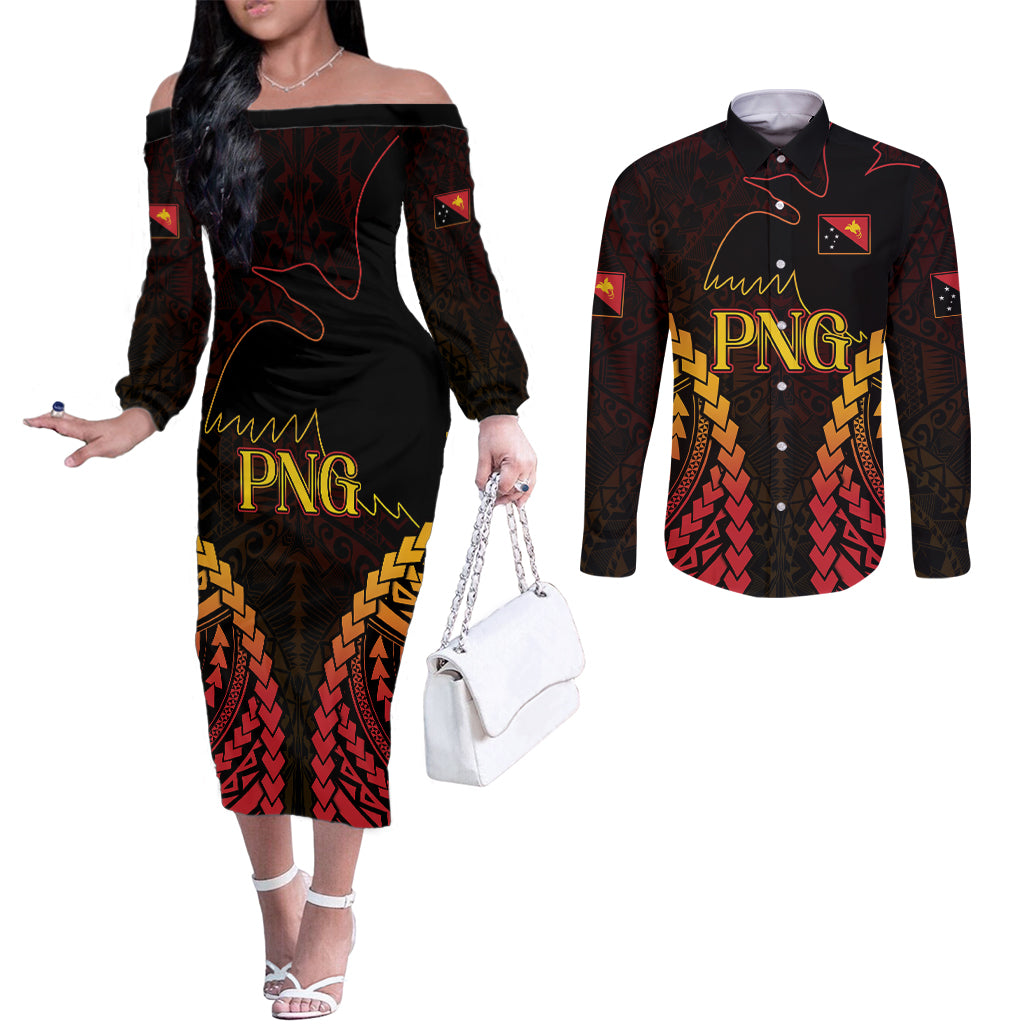 Custom Papua New Guinea Cricket Couples Matching Off The Shoulder Long Sleeve Dress and Long Sleeve Button Shirt Go Barramundis LT9 Black - Polynesian Pride