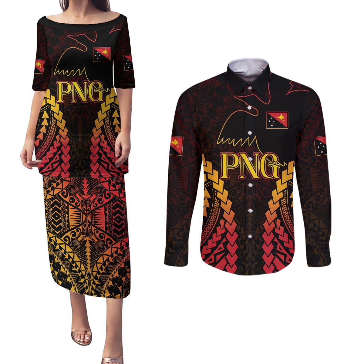 Custom Papua New Guinea Cricket Couples Matching Puletasi and Long Sleeve Button Shirt Go Barramundis LT9 Black - Polynesian Pride
