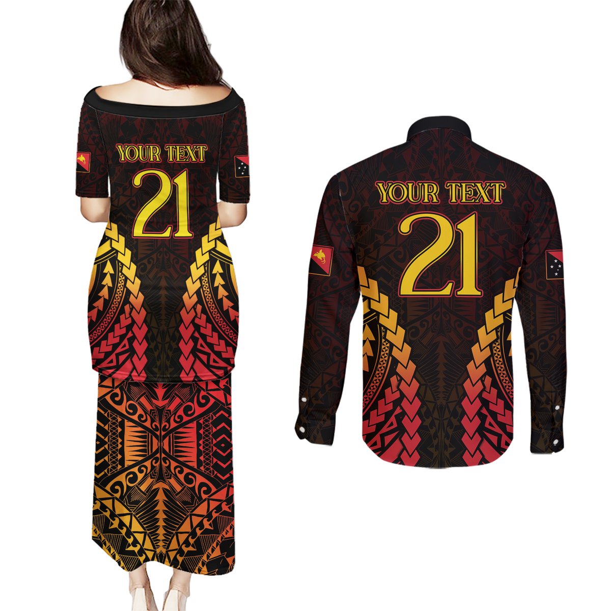 Custom Papua New Guinea Cricket Couples Matching Puletasi and Long Sleeve Button Shirt Go Barramundis LT9 - Polynesian Pride