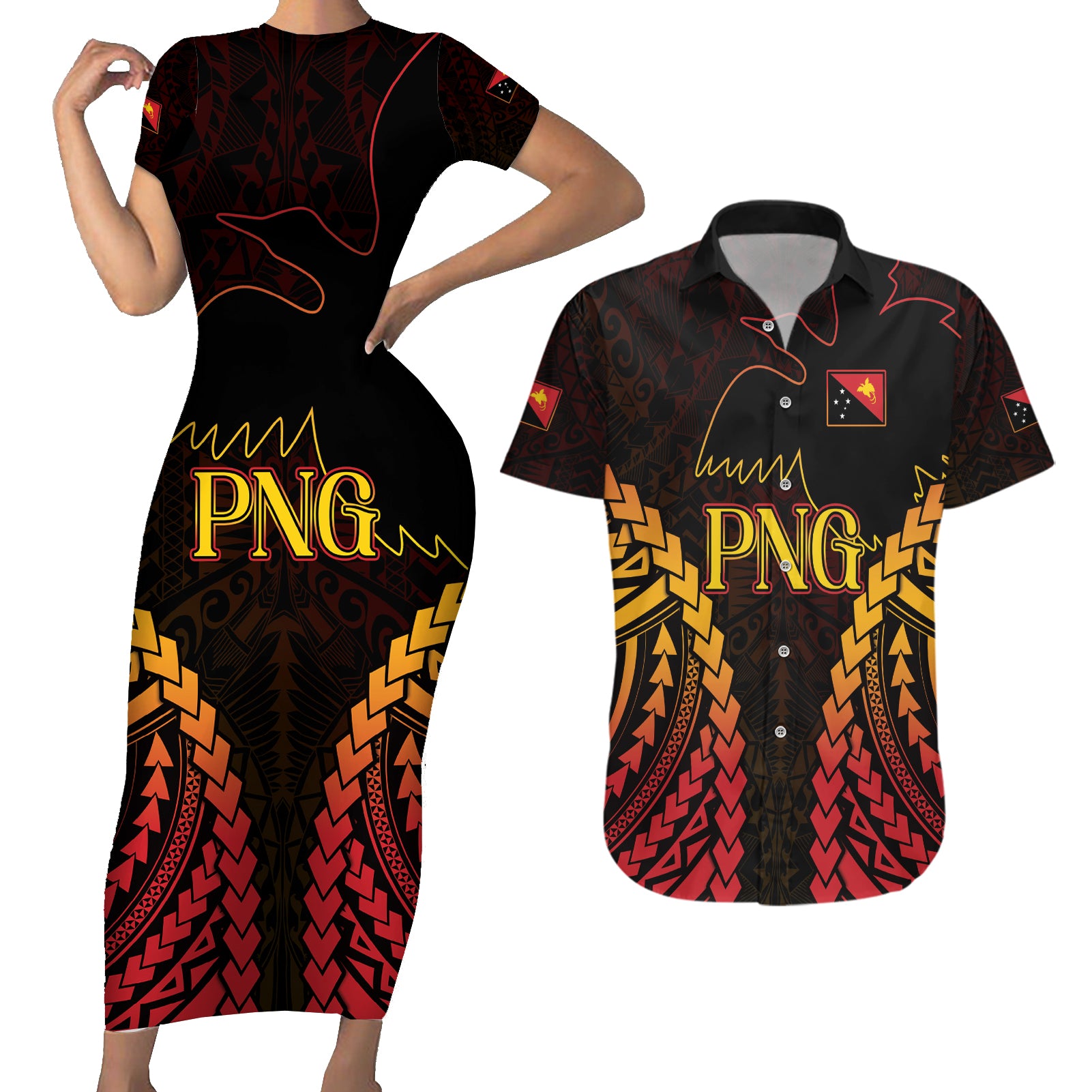 Custom Papua New Guinea Cricket Couples Matching Short Sleeve Bodycon Dress and Hawaiian Shirt Go Barramundis