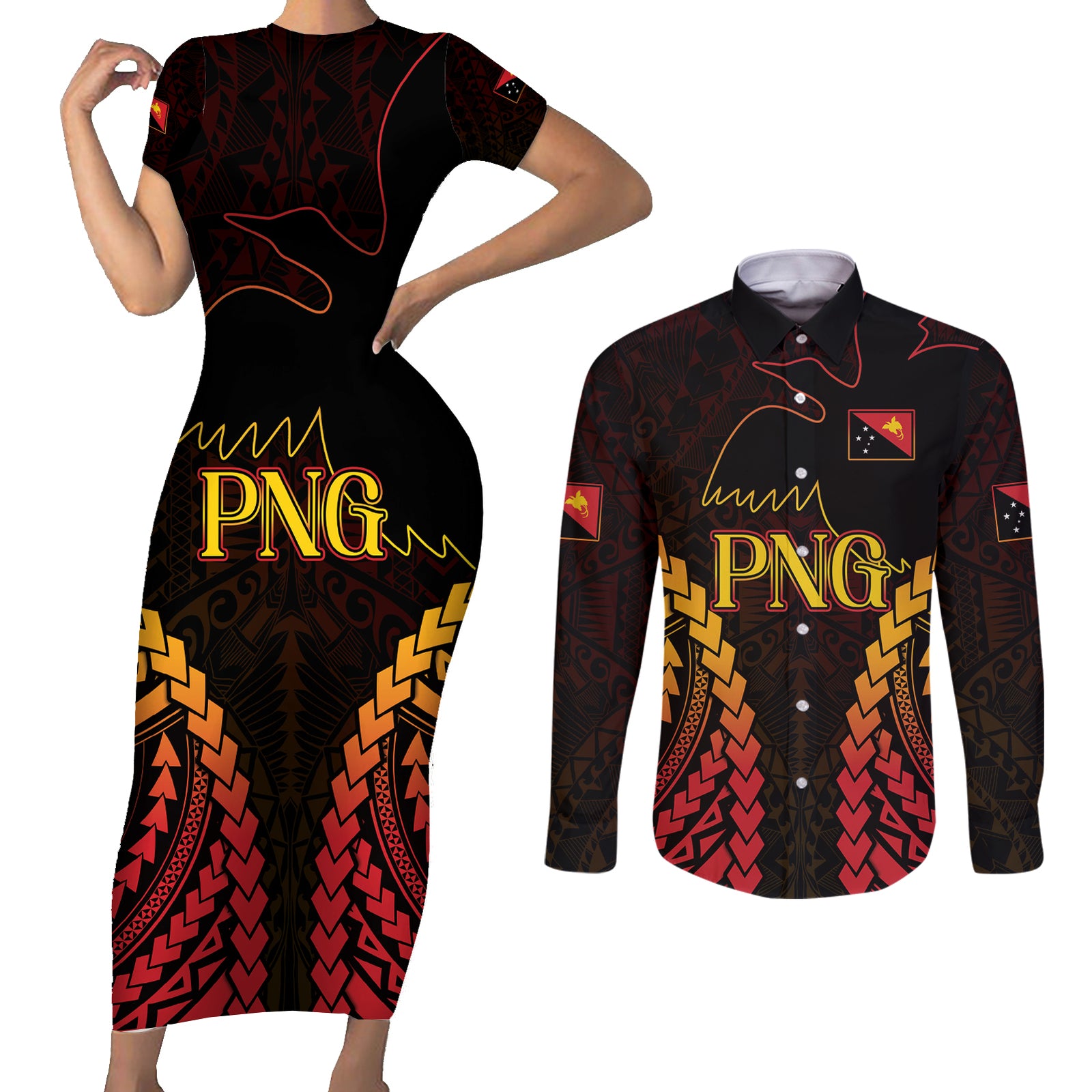 Custom Papua New Guinea Cricket Couples Matching Short Sleeve Bodycon Dress and Long Sleeve Button Shirt Go Barramundis LT9 Black - Polynesian Pride
