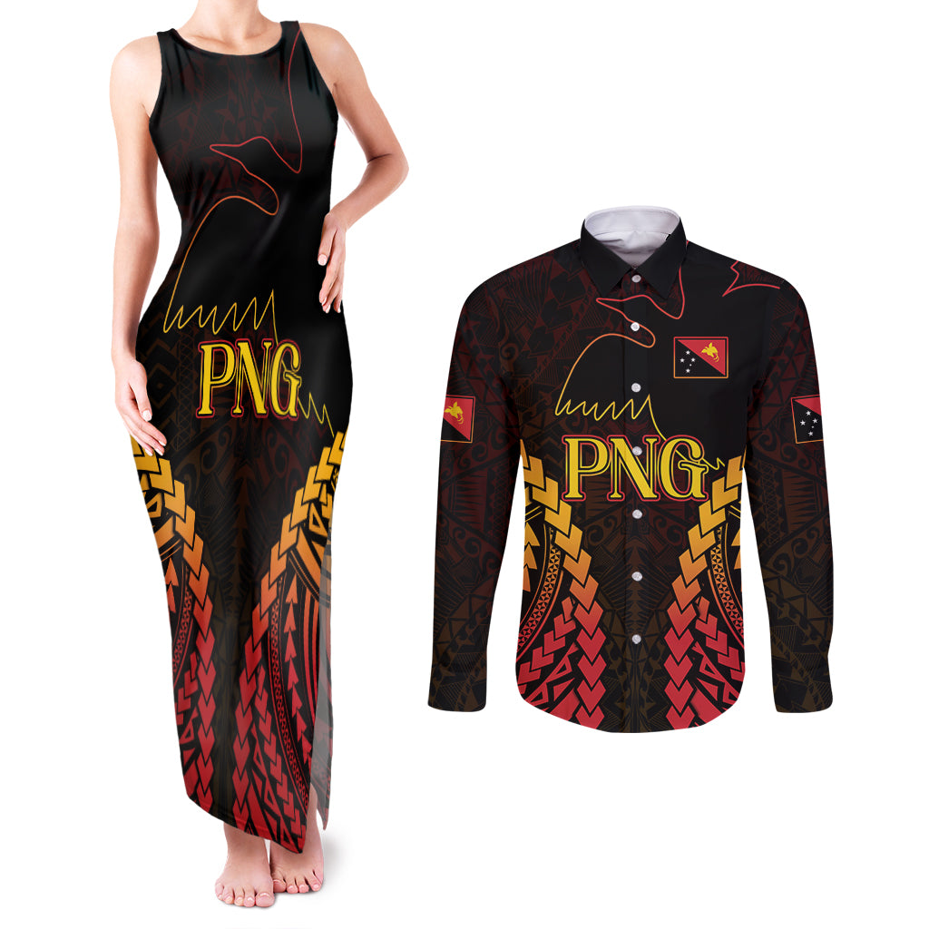 Custom Papua New Guinea Cricket Couples Matching Tank Maxi Dress and Long Sleeve Button Shirt Go Barramundis LT9 Black - Polynesian Pride