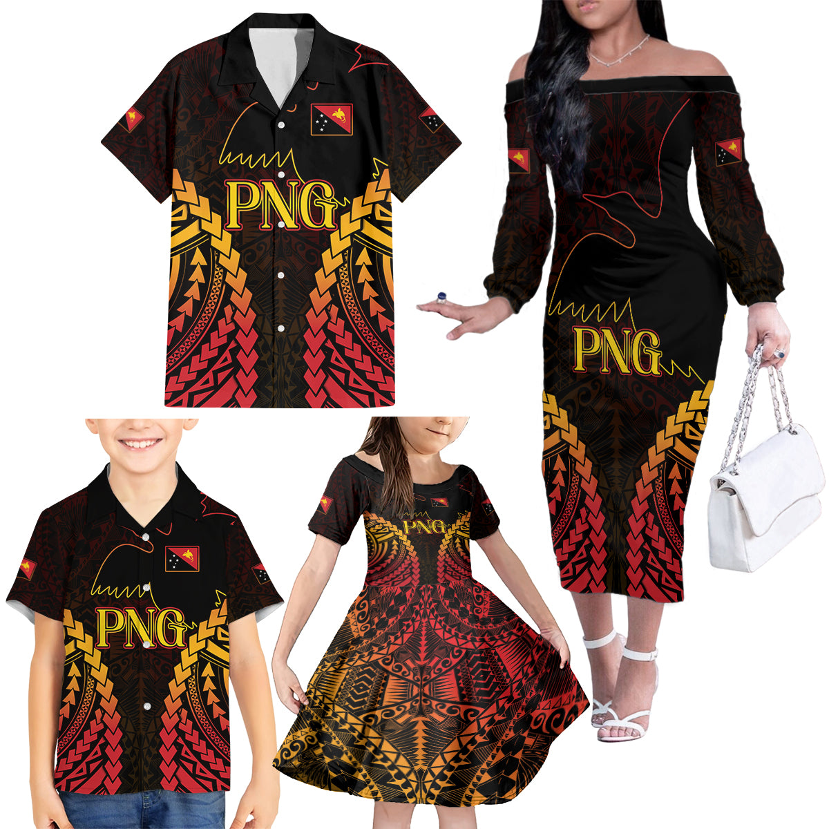 Custom Papua New Guinea Cricket Family Matching Off The Shoulder Long Sleeve Dress and Hawaiian Shirt Go Barramundis LT9 - Polynesian Pride