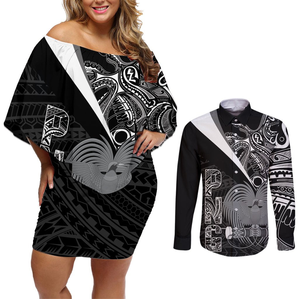 Custom Papua New Guinea Cricket Couples Matching Off Shoulder Short Dress and Long Sleeve Button Shirt Tribal Bird of Paradise Tattoo LT9 Black - Polynesian Pride