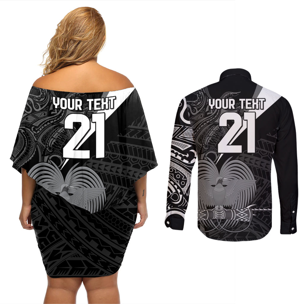 Custom Papua New Guinea Cricket Couples Matching Off Shoulder Short Dress and Long Sleeve Button Shirt Tribal Bird of Paradise Tattoo