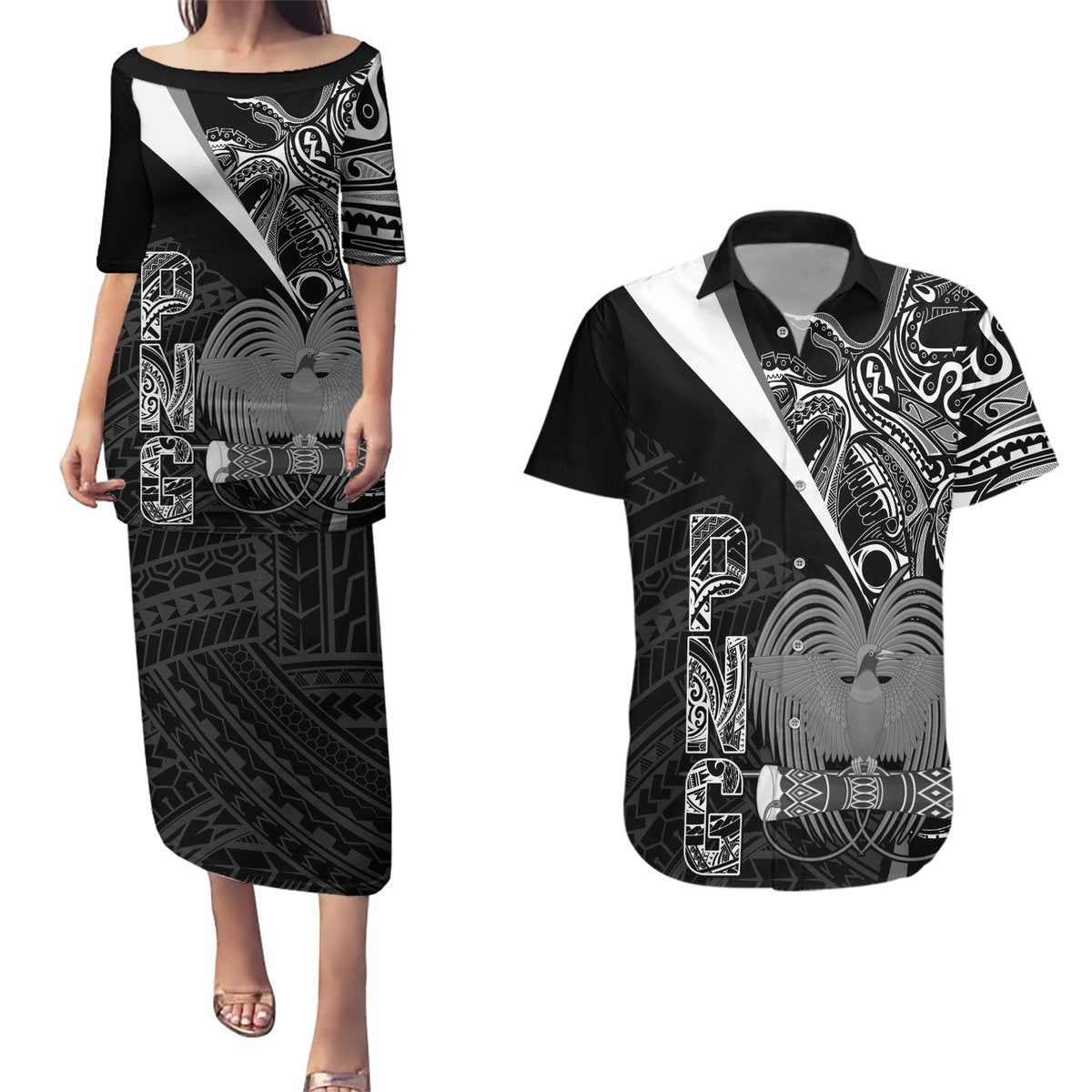 Custom Papua New Guinea Cricket Couples Matching Puletasi and Hawaiian Shirt Tribal Bird of Paradise Tattoo LT9 Black - Polynesian Pride