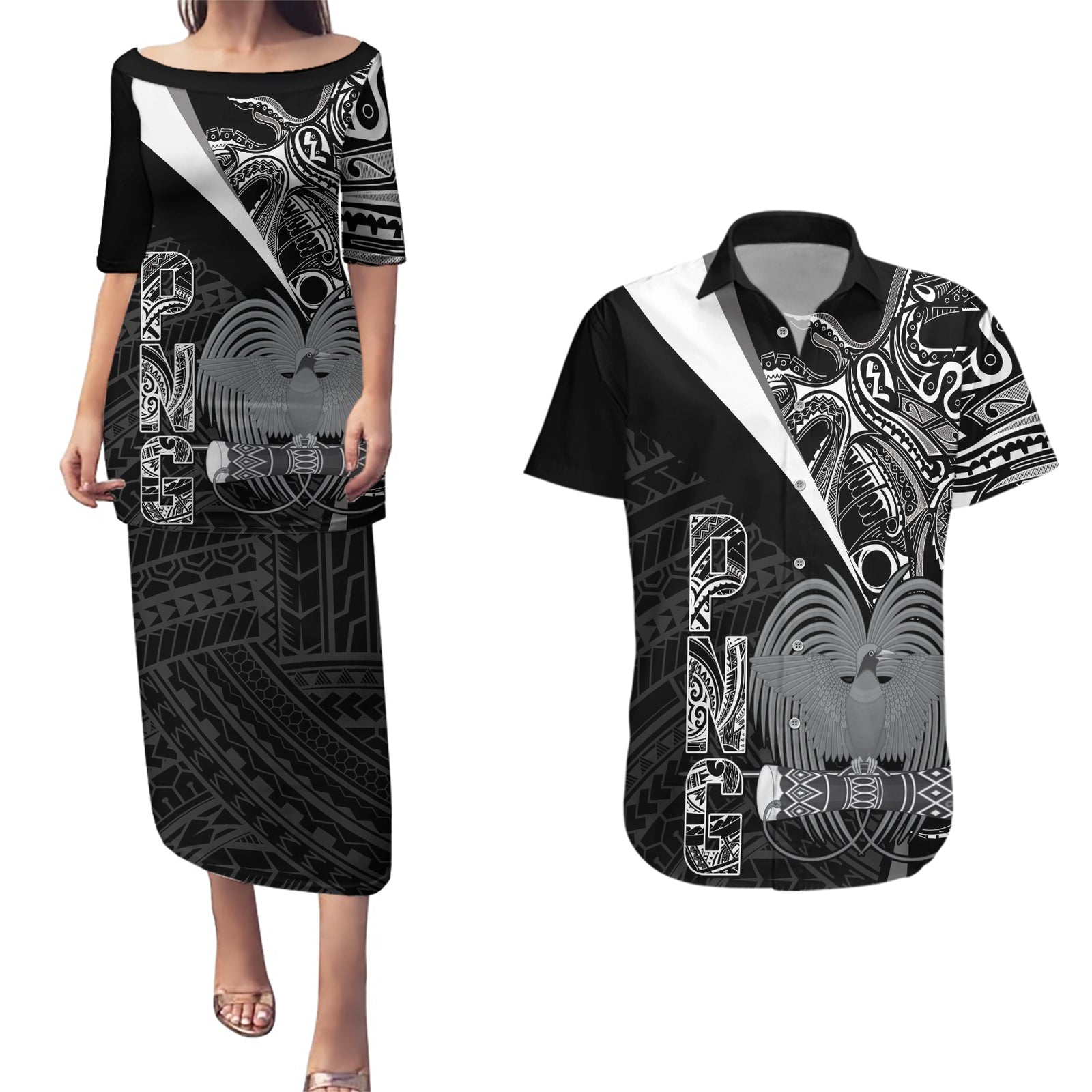 Custom Papua New Guinea Cricket Couples Matching Puletasi and Hawaiian Shirt Tribal Bird of Paradise Tattoo LT9 Black - Polynesian Pride