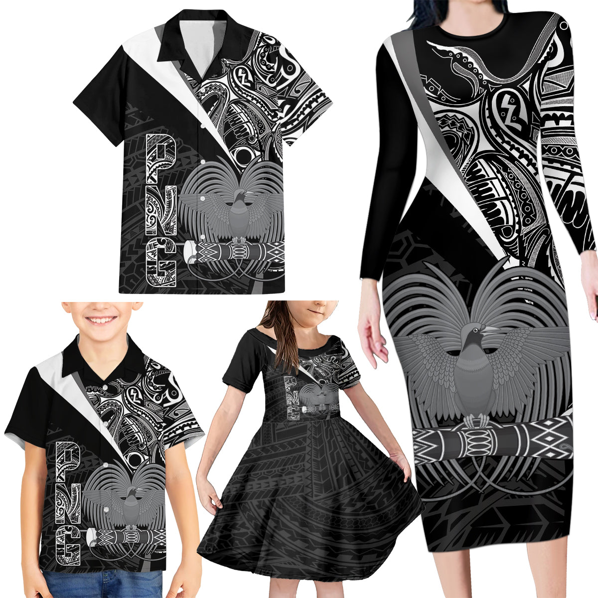 Custom Papua New Guinea Cricket Family Matching Long Sleeve Bodycon Dress and Hawaiian Shirt Tribal Bird of Paradise Tattoo