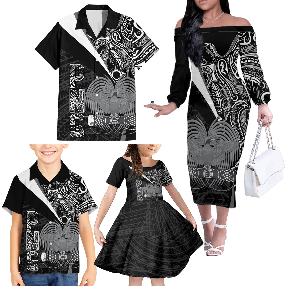 Custom Papua New Guinea Cricket Family Matching Off The Shoulder Long Sleeve Dress and Hawaiian Shirt Tribal Bird of Paradise Tattoo