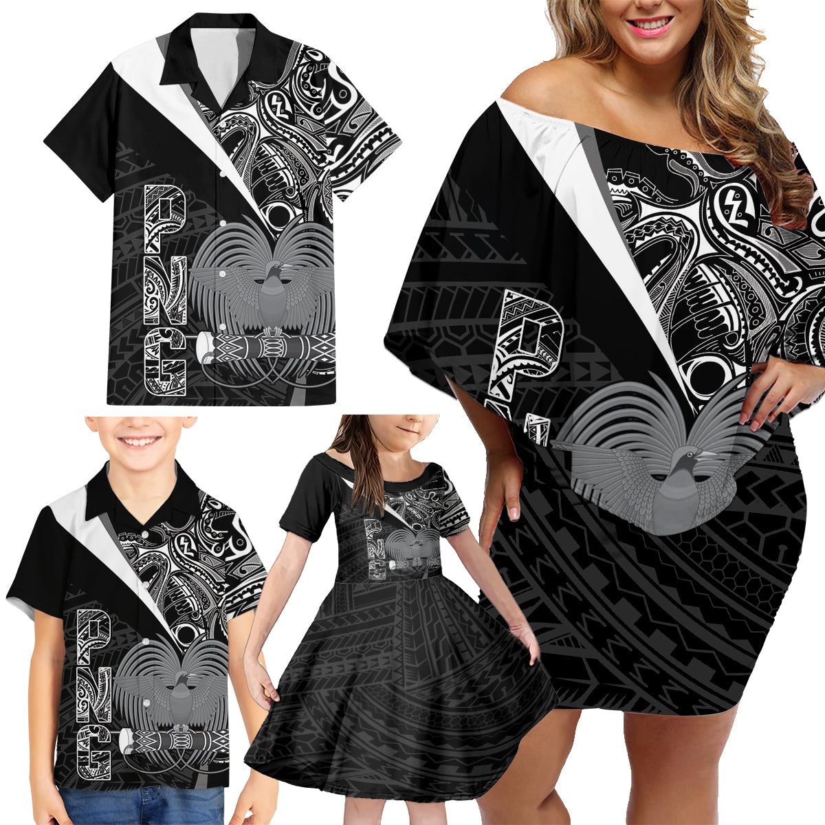 Custom Papua New Guinea Cricket Family Matching Off Shoulder Short Dress and Hawaiian Shirt Tribal Bird of Paradise Tattoo LT9 - Polynesian Pride
