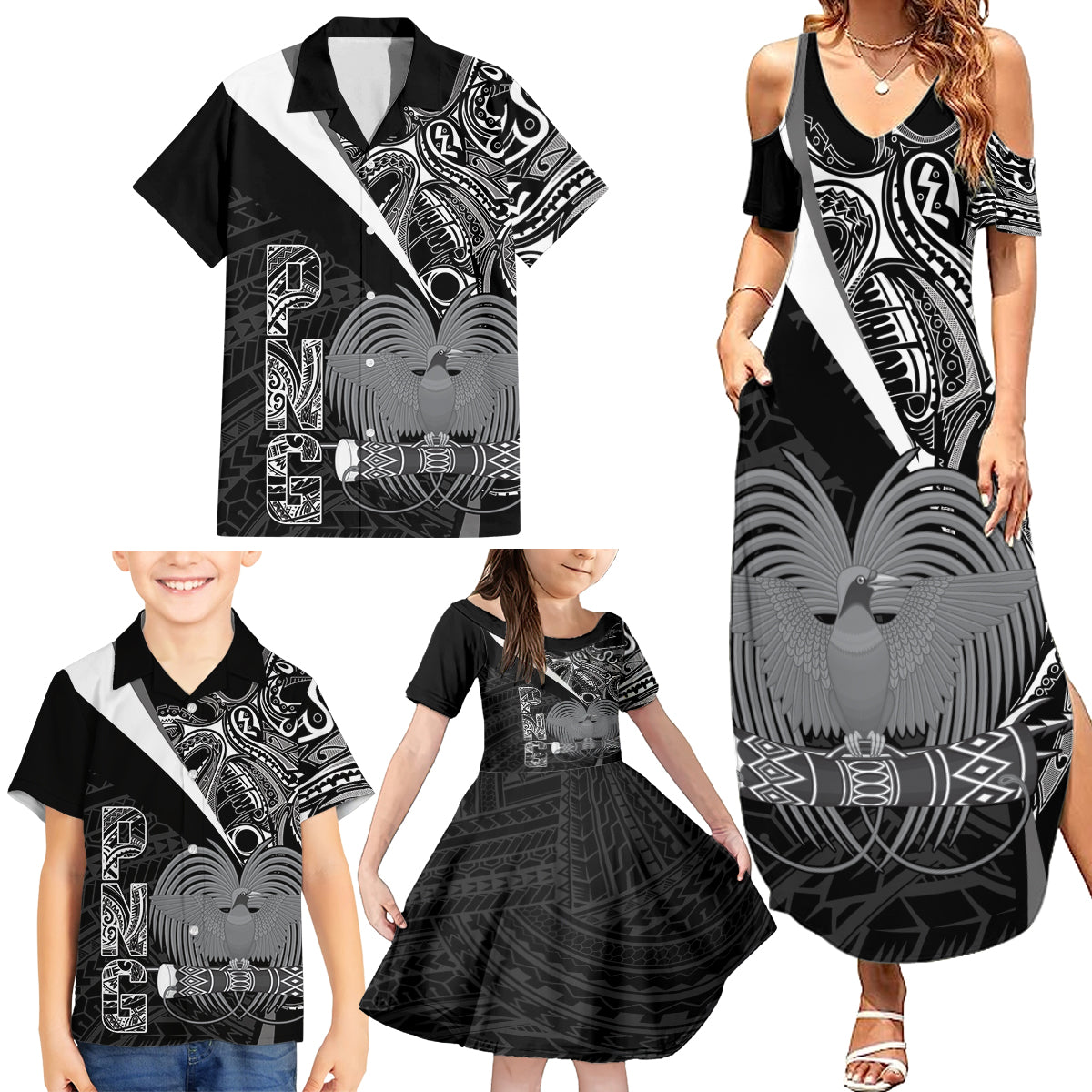 Custom Papua New Guinea Cricket Family Matching Summer Maxi Dress and Hawaiian Shirt Tribal Bird of Paradise Tattoo LT9 - Polynesian Pride