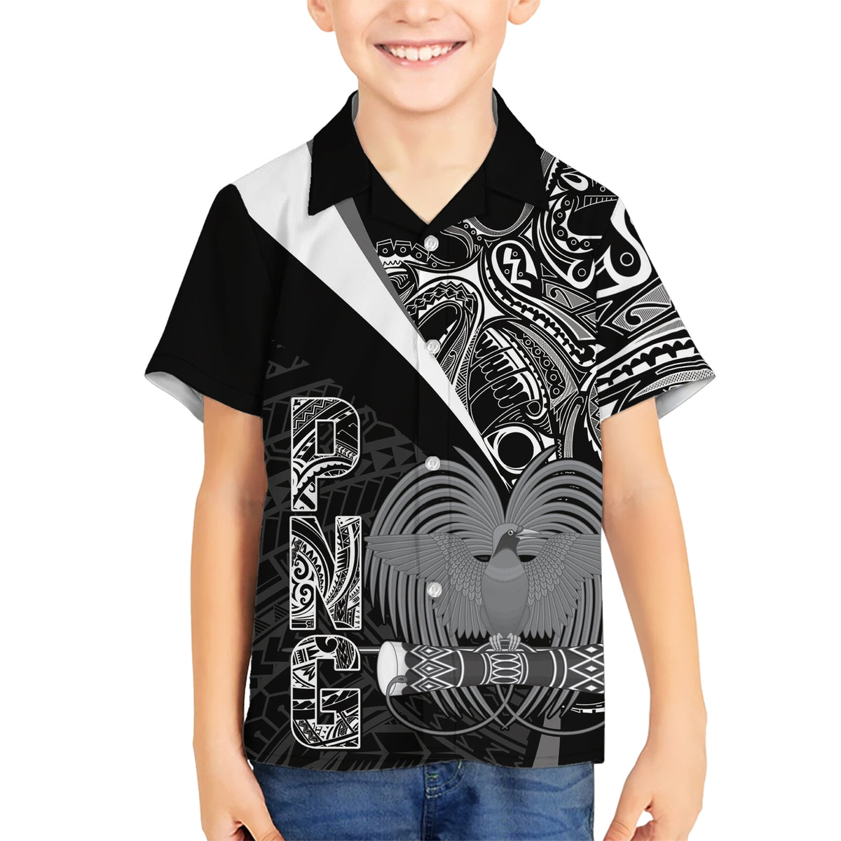 Custom Papua New Guinea Cricket Kid Hawaiian Shirt Tribal Bird of Paradise Tattoo